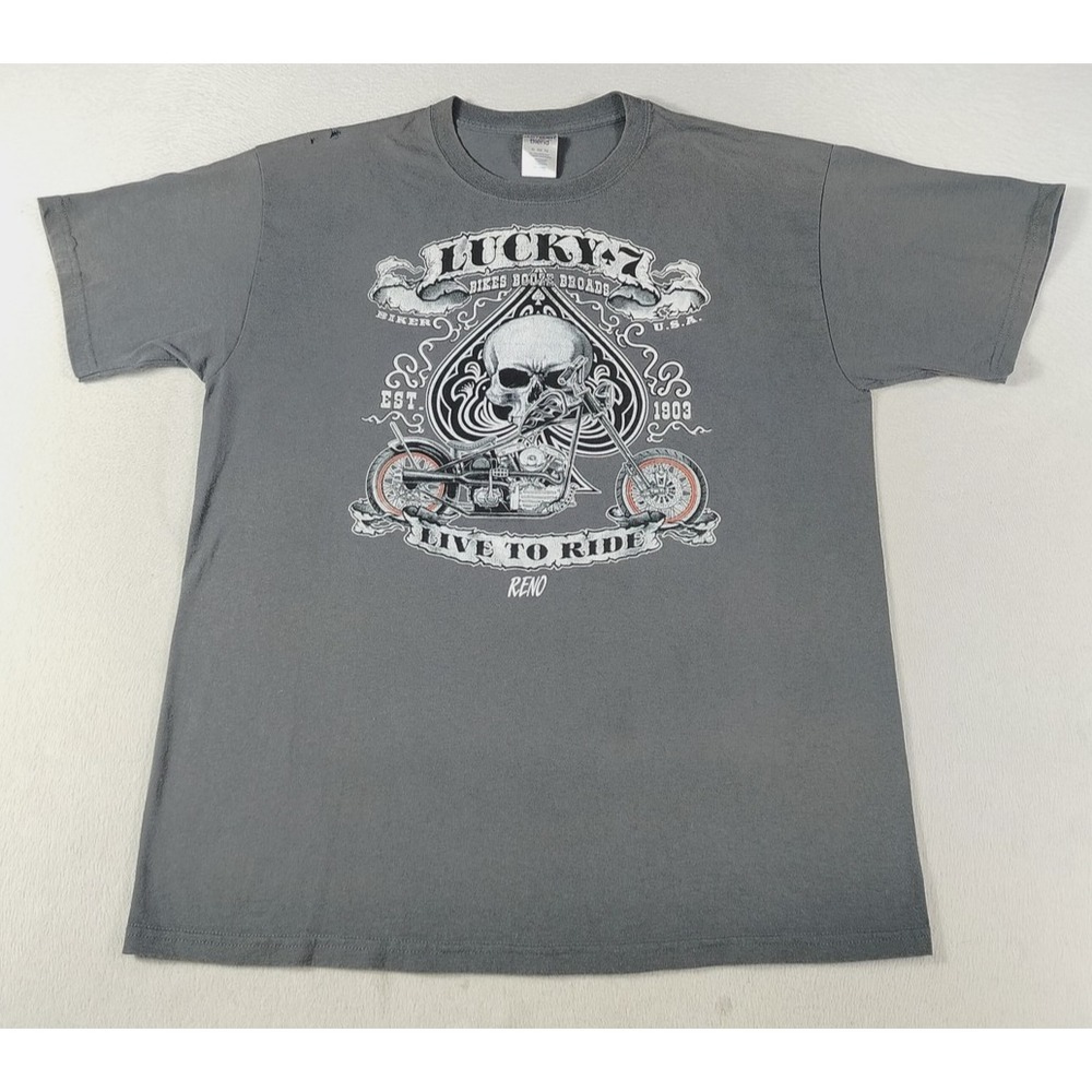 Vintage Jerzees Shirt Mens XL Gray Lucky 7 Skull Biker Motorcycle Reno Grunge